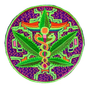 May include: A circular embroidered patch featuring a cannabis leaf design with a caduceus symbol at the center. The patch has a purple background with a green and orange border and accents. The cannabis leaves are green.