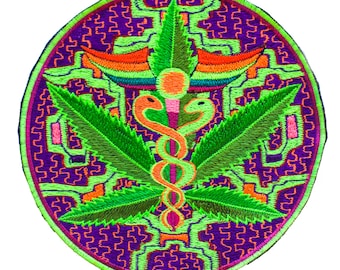 Medical Marihuana Ayahuasca Patch Cannabis handmade embroidery 7.5 inch Hemp Medicine medicinal THC Shipibo Conibo DMT Pattern Psychedelic