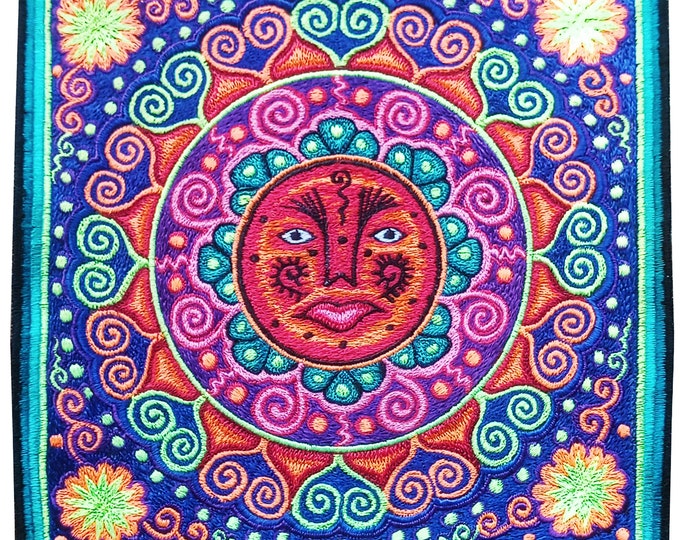 Huichol Sun Mandala embroidery art shaman artwork mescaline blacklight glowing magic cactus indigene decoration UV active shining