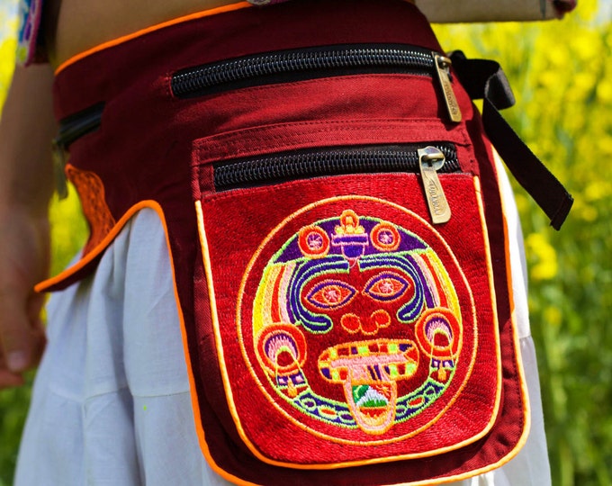 Beltbag red Maya calendar 2012 - 7 pockets, strong ziplocks, size adjustable with hook & loop and clip - blacklight active lines lsd hofmann