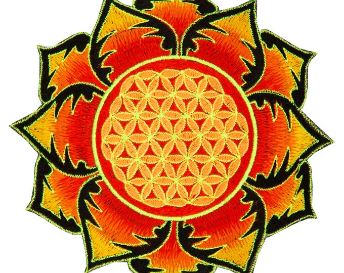 Sunshine Flower of Life patch for sew on - holy geometry embroidery blacklight glowing art