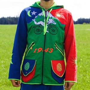 Albert Hofmann Bicycle Day UV jacket - handmade in any size - blacklight active 4 pockets with hoody and flower of life embroidery