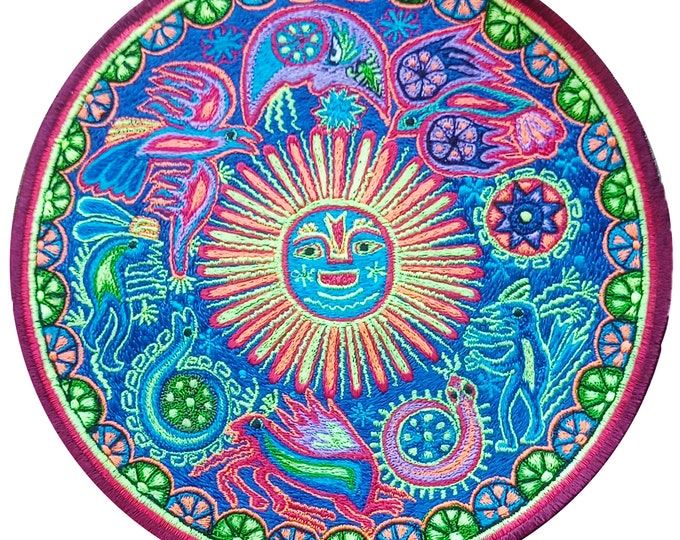 Huichol Peyote Sunshine embroidery art magic cactus artwork mescaline blacklight glowing psychedelic indigene decoration UV active glowing