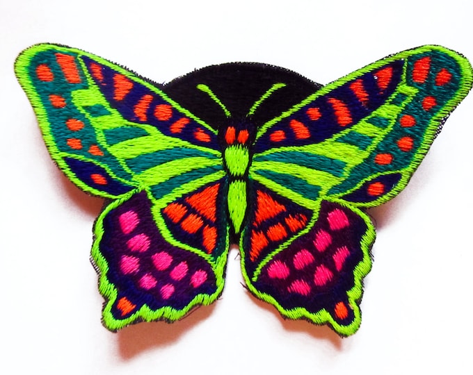 Beautiful Butterfly embroidery patch 11x7cm size Hippie Goa Trance Blacklight UV glowing handmade for sewing on or simply with textile glue