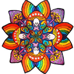 May include: A vibrant, embroidered mandala patch in a starburst design. The patch features a spectrum of colors, including rainbow arcs, orange, yellow, green, blue, and purple. Intricate details and patterns are visible throughout the design, with a dark blue background.