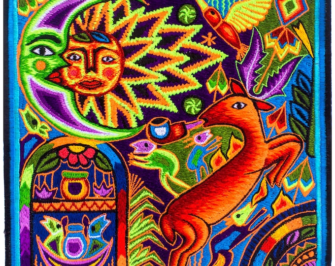Huichol Peyote Ceremony Embroidery Art: Blacklight Glowing, UV Active