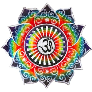 May include: Embroidered patch in the shape of a lotus flower with a rainbow gradient of colors. The center features a white circle with a black Om symbol and rainbow rays. The petals have a detailed, embroidered design.