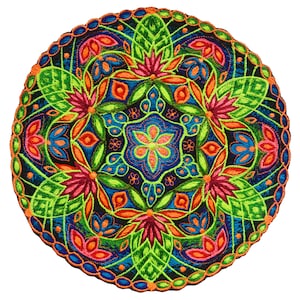 May include: A circular embroidered mandala with a black background and colourful floral designs in shades of green, blue, red, orange, and pink.