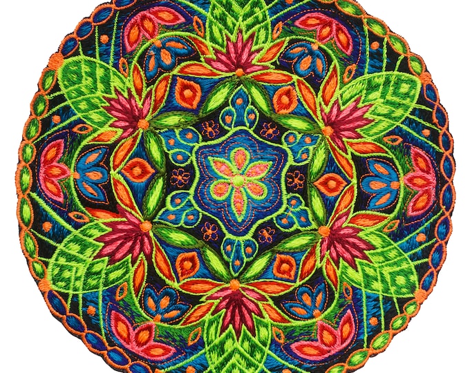 Hyperspace Lotus Mandala art blacklight glowing patch magnificent high detail psychedelic embroidery