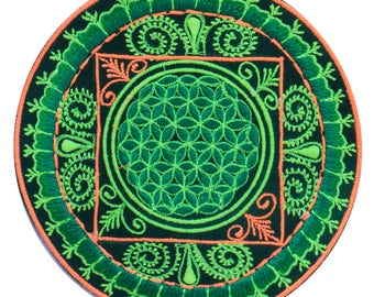 green fractal flower of life patch medium size - blacklight glowing handmade embroidery sacred geometry mandala
