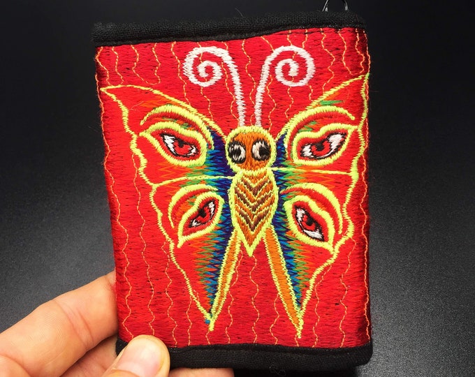 Rainbow butterfly moneypocket - blacklight glowing purse pocket for coins and cards and 2 for papermoney hook & loop buddha eyes goa wallet