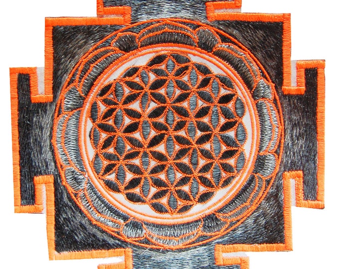 Gray UV orange flower of life yantra sacred geometry patch holy healing information art