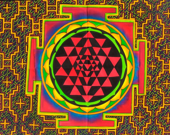 Shri Yantra UV Painting - 90x60cm - handmade on order - fully blacklight glowing colors - sacred geometry artwork