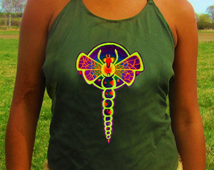 dragonfly crop circle women top shirt psychedelic handmade no print goa t-shirt blacklight active