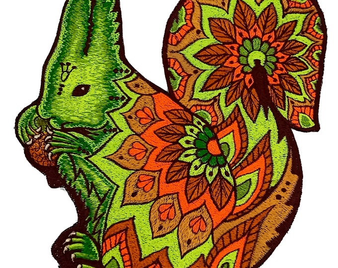 Psychedelic Squirrel UV Patch with blacklight glowing colors - Animal Embroidery neon shining beautiful and friendly spirit of the forest