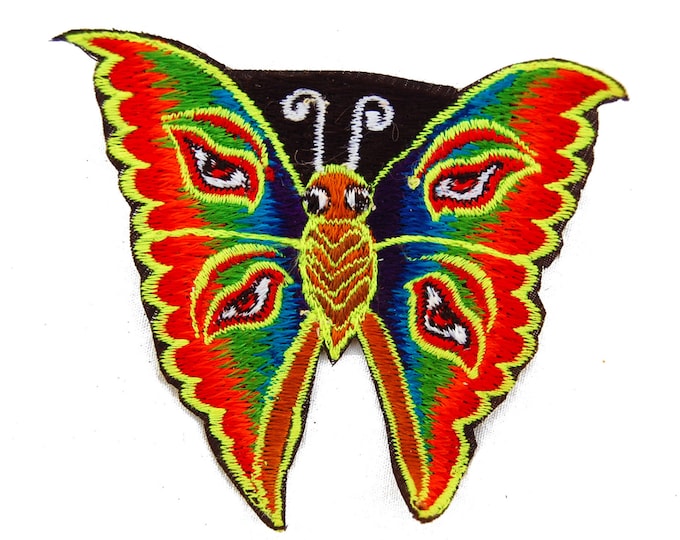 Rainbow Butterfly Buddha Eyes embroidery patch small size Goa Trance psychedelic consciousness beauty Psytrance Art handmade blacklight UV