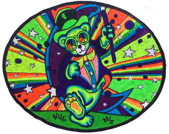 Psychedelic Teddy patch blacklight glowing handmade embroidery LSD artwork psytrance goatrance hippie UV active glowing piece of art