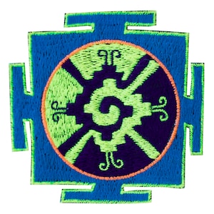 May include: Embroidered patch with a geometric design. The patch features a blue square with a neon green and purple circular design in the center. The design includes a spiral and other geometric shapes. The patch has a white background.