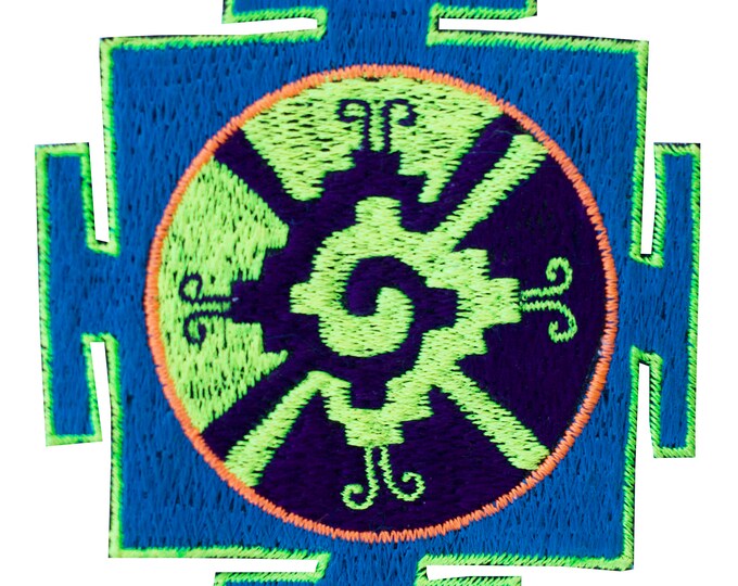 Blue Hunab Ku small embroidery patch 3.3 inches for sew on - blacklight glowing Maya art for the center of our galaxy