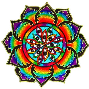 May include: Embroidered patch featuring a vibrant, rainbow-colored floral design with a central circle of eyes. The patch has a black outline and gold trim, creating a striking visual effect. The design is reminiscent of psychedelic art.