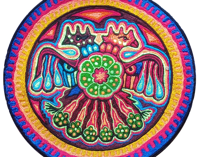 Huichol Peyote Eagle embroidery art magic cactus artwork mescaline blacklight glowing psychedelic indigene decoration UV active glowing