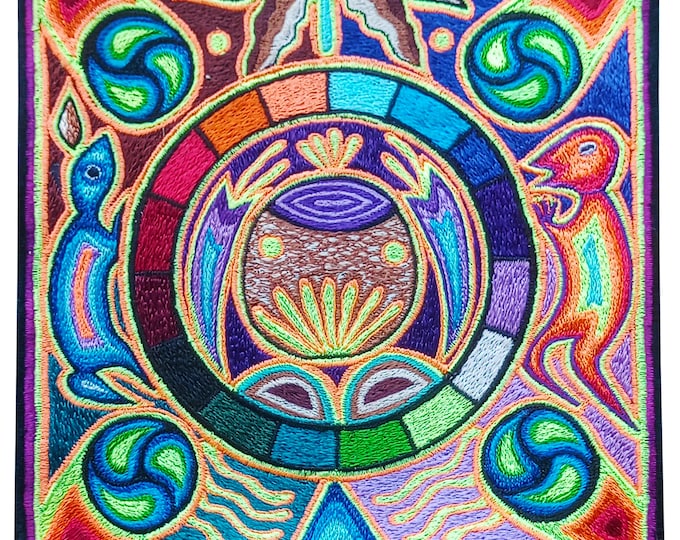 Huichol Peyote Medicine embroidery art shaman artwork mescaline blacklight glowing magic cactus indigene decoration UV active shining