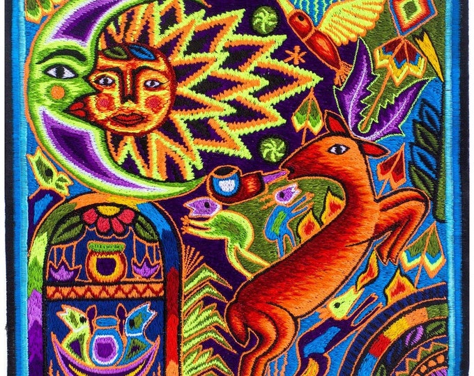 Huichol "Sun Deer" peyote embroidery patch shaman artwork mescaline blacklight glowing colors