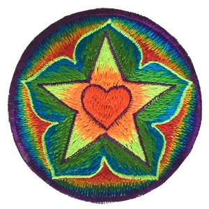 May include: Embroidered patch with a vibrant design. A five-pointed star and a heart are at the center, surrounded by a floral-like shape. The design features a rainbow of colors, including orange, green, blue, and purple. The patch is circular.