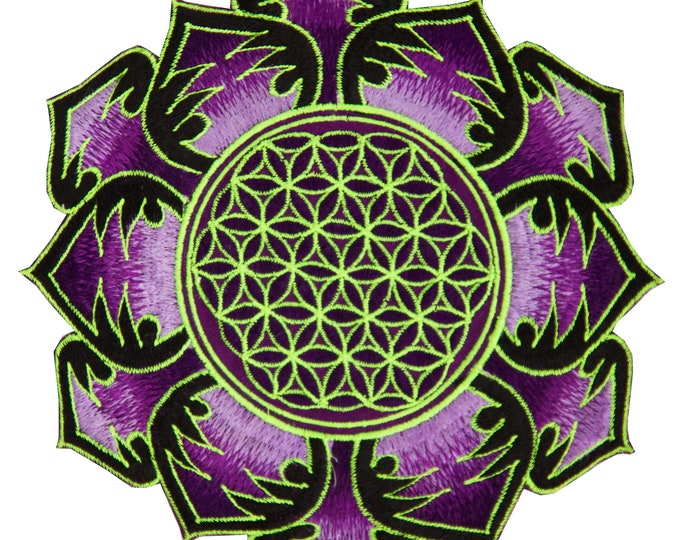 Purple white Flower of Life embroidery patch for sew on - sacred geometry art