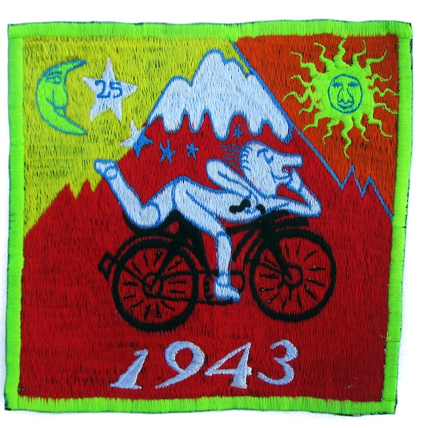 Red Fahrrad Tag Albert Hofmann 1943 LSD Kult mittel Aufnäher Burning Man Psychedelsäure Trip Hippie Droge Visionär Göttliche Heilung Medizin