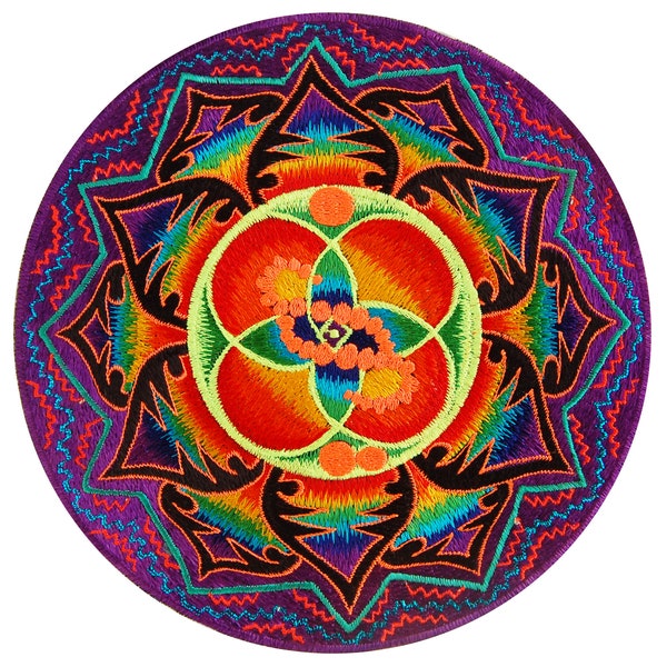 Écusson crop circle curatif ADN fleur de vie mandala arc-en-ciel lumière noire shipibo conibo motif ayahuasca