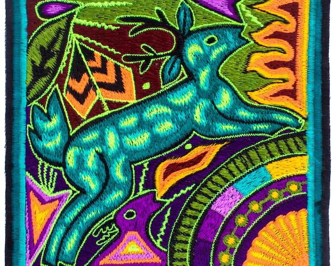 Peyote Deer Huichol Embroidery – UV Reactive Visionary Textile Art – Handmade Psychedelic Patch