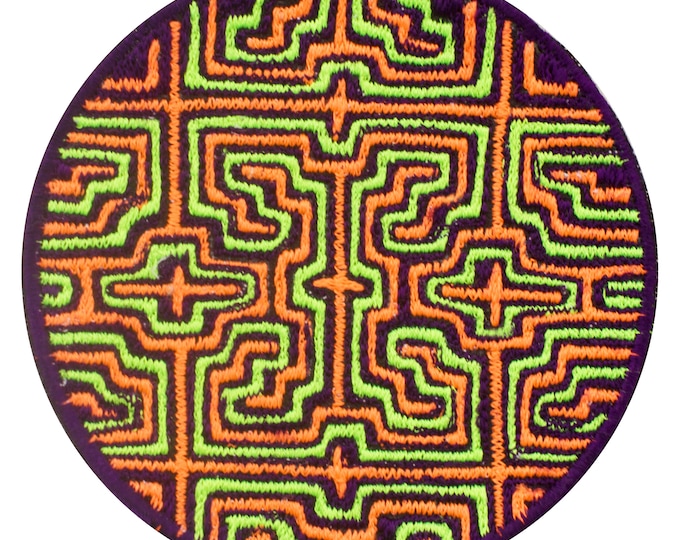 Ayahuasca patch visionary DMT indigene artwork embroidery with UV blacklight glowing effect colors for sew on Shipibo Conibo art