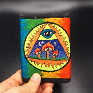 Portefeuille champignon Illuminati oeil de conscience - Pochette lumineuse noire pour pièces de monnaie et cartes et 2 pour billets auto-agrippants Illuminati