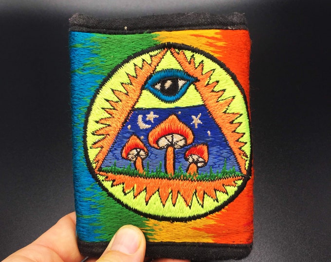 Illuminati Mushroom Wallet eye of consciousness - blacklight glowing pocket for coins and cards and 2 for papermoney hook & loop illuminati