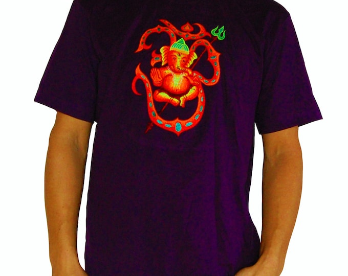 AUM Ganesha purple T-Shirt blacklight handmade embroidery no print psy shirt goa t-shirt