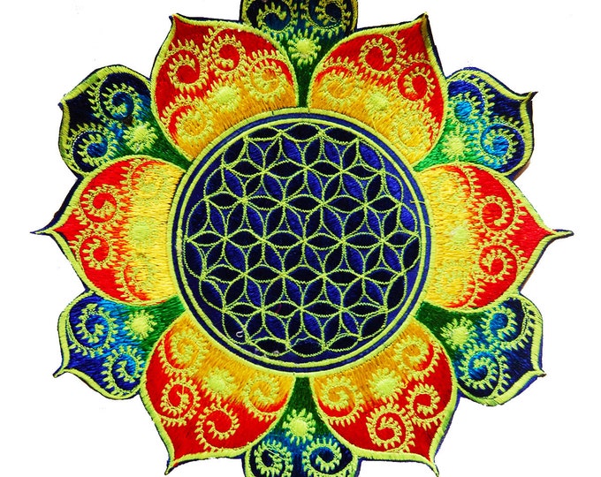 Rainbow Flower of Life fractal mandala holy geometry patch sacred geometry art