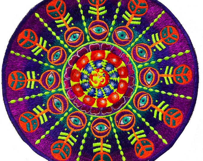 AUM Mandala Patch psychedelic eyes blacklight glowing embroidery