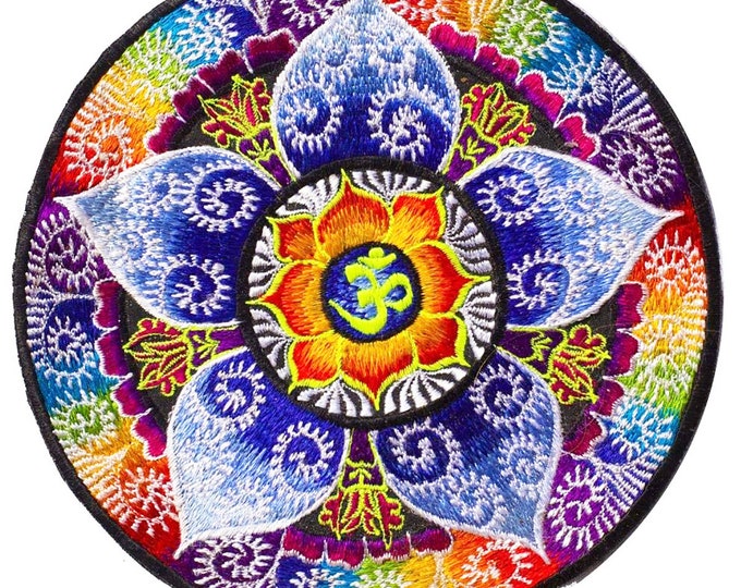 Sacred AUM Tankar Mandala Embroidery Patch UV glowing fractal rainbow cosmic music art Goa Trance Psychedelic OM Yantra