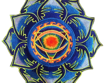 Allsehendes Auge Mandala Aufnäher Schwarzlicht aktiv handgemacht psychedelisch Bewusstseinserweiterung