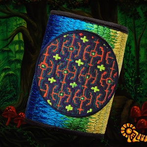 4 variantes de pochettes d'argent shipibo dmt - poche pour pièces et cartes et 2 pour papier-monnaie avec crochet et boucle - portefeuille actif blacklight
