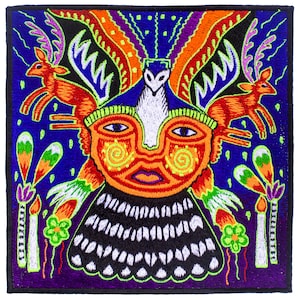 Bordado Artesanal Huichol Mandala Peyote Hikuri — Arte Xamânica Indígena Mexicana Feita à Mão | UV Fluorescente Luz Negra