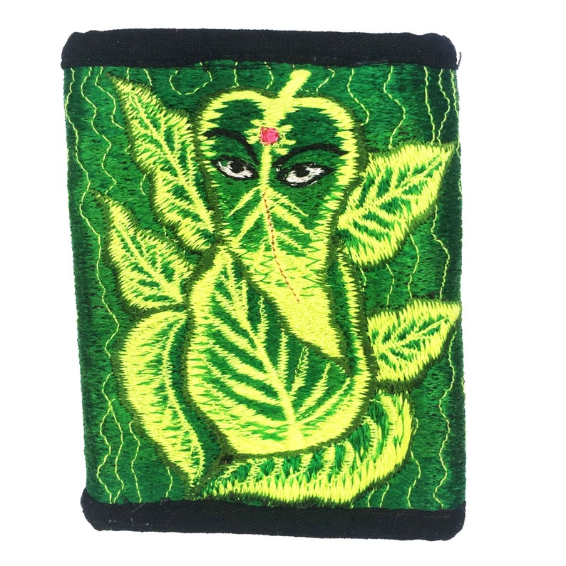 Green Ganesha moneypocket blacklight glowing wallet pocket for coins and cards and 2 for papermoney with hook & loop handmade embroidery image 3