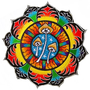 May include: Embroidered patch featuring a colorful mandala design with a central image of three mushrooms against a blue background with stars. The mandala has a rainbow gradient with black outlines.