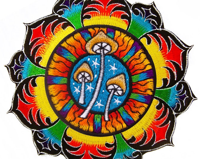 Rainbow Mushroom Mandala Patch Psychedelic Psilocybin Shroom Yantra embroidery