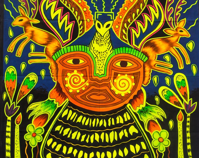 Hikuri Shaman UV Painting - 100x100cm - fully blacklight glowing colors - huichol mescaline artwork