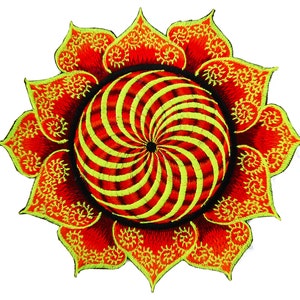 Puede incluir: Parche bordado con un diseño floral. El parche presenta una flor roja con detalles en amarillo-verdoso en los pétalos y un centro en espiral rojo y amarillo-verdoso. El diseño se encuentra sobre un fondo blanco.