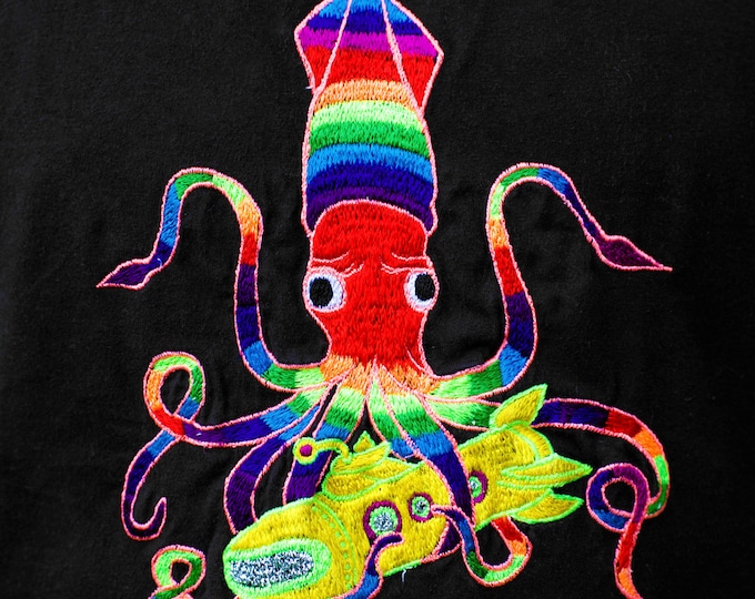 Yellow Submarine Squid T-Shirt - LSD blacklight glowing handmade embroidery flower of life on backside psychedelic rainbow Timothy Leary art