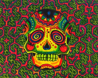 Psychedelic Skull UV Painting - 90x60cm - handmade on order - fully blacklight glowing colors - grateful dead artwork