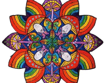 Rainbow Flymushroom Mandala Goa Patch Psychedelic Magic Mushroom Hippie Embroidery Visionary Art for sew on Psilocybin Shrooms